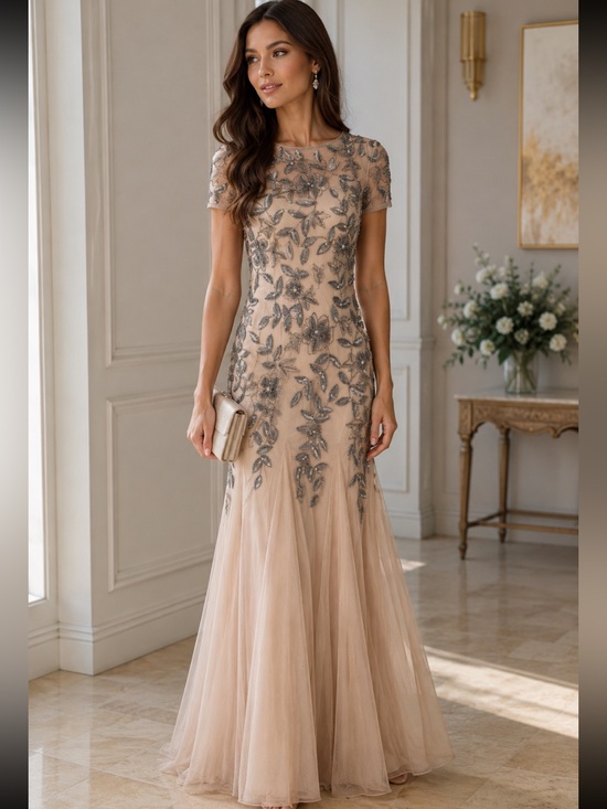 Adrianna Papell Dresses & Skirts - Adrianna papell Floral Beaded Godet Gown with Sheer Short Sleeves